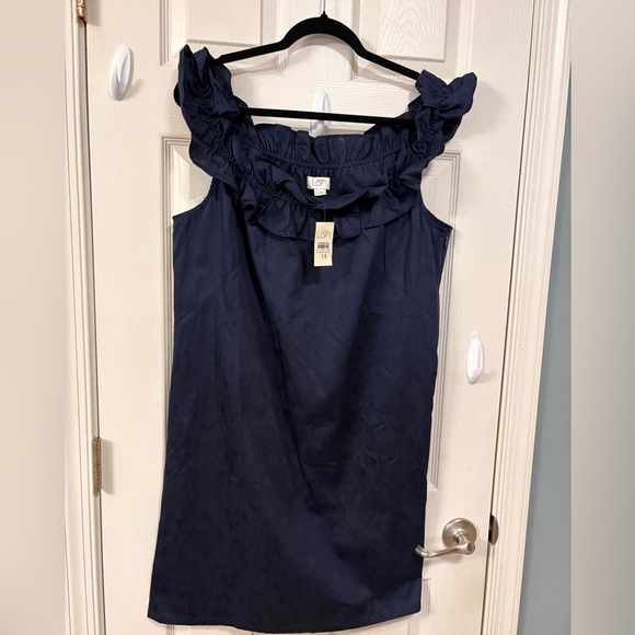 LOFT Navy mini with ruffle neckline Off shoulder Dress Vacation Dress Cocktail - Picture 1 of 7